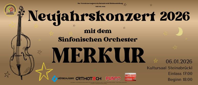 Ein Plakat für das Neujahrskonzert 2026 des Sinfonischen Orchesters Merkur. Es zeigt ein Cello und einen gelben Stern mit Sternen und einem Halbmond im Hintergrund. Das Konzert ist am 6. Januar 2026.