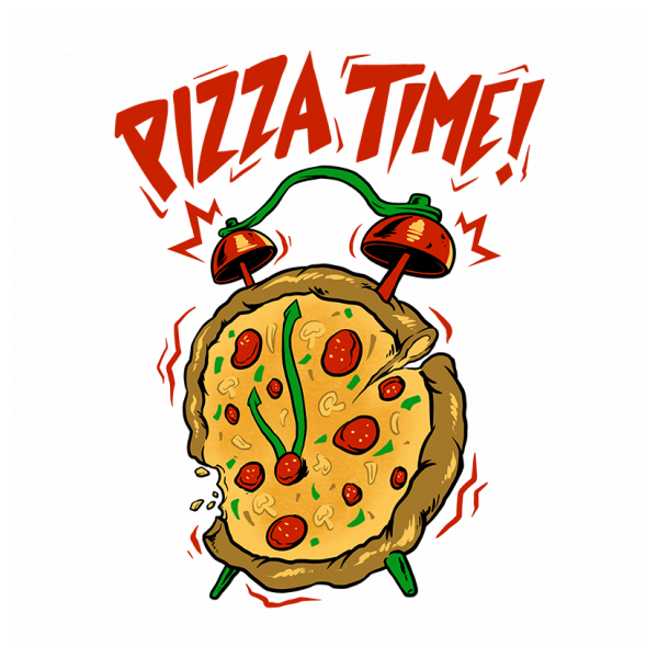Eine karikaturaltige Weckuhr mit Pizzabelägen als Zeiger und den Worten 'Pizza Zeit!' darüber geschrieben.