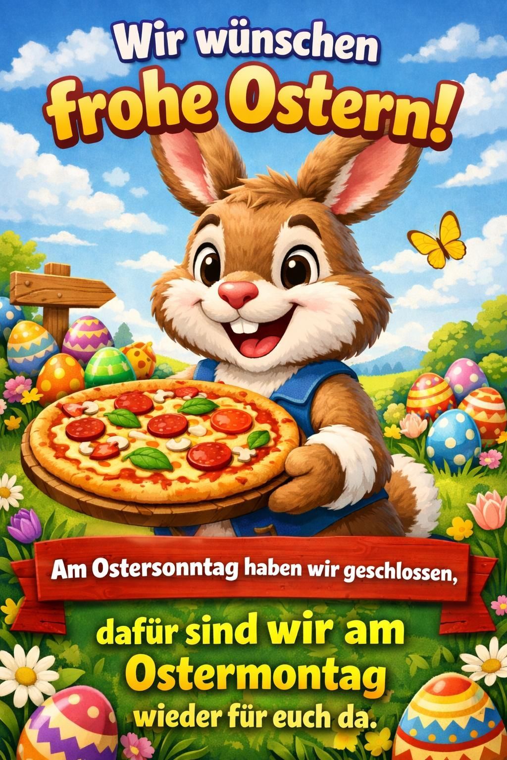 Ein Hase hält eine Pizza mit dem Text: Am Ostersonntag hatten wir geschlossen, darum sind wir heute offen. Bunte Eier sind im Hintergrund.