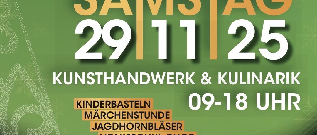 Plakat für den Adventmarkt am Wartberg mit Shuttle-Bus-Service, Veranstaltungsdatum 25. November, Aktivitäten umfassen Kunsthandwerk, Kulinarik, Kinderbasteln, Märchenstunden, Jagdhornbläser, Volksschul-Chor und Bläser-Ensemble Musikverein.