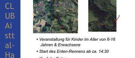 Plakat für eine Entenrennen-Veranstaltung am 30.08.2026 um 14 Uhr. Ort: Kriehmühle, GH Gasserbauer. Veranstaltung für Kinder im Alter von 6-16 Jahren und Erwachsene. Entenrennen beginnt um 14:30 Uhr. Entenkauf möglich. Kosten: 1 Ente 5 €, 3 Enten 12 €, 5 Enten 20 €. Siegerehrung im Anschluss an die Veranstaltung am Veranstaltungsort.