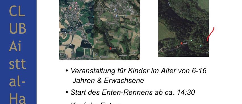 Plakat für eine Entenrennen-Veranstaltung am 30.08.2026 um 14 Uhr. Ort: Kriehmühle, GH Gasserbauer. Veranstaltung für Kinder im Alter von 6-16 Jahren und Erwachsene. Entenrennen beginnt um 14:30 Uhr. Entenkauf möglich. Kosten: 1 Ente 5 €, 3 Enten 12 €, 5 Enten 20 €. Siegerehrung im Anschluss an die Veranstaltung am Veranstaltungsort.