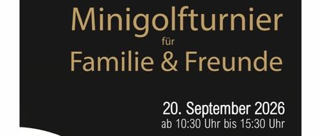 Poster for a mini-golf tournament for family and friends, hosted by Rotary-Club Aisttal-Hagenberg on September 20, 2026, from 10:30 AM to 3:30 PM. Teams consist of four players, with a starting fee of 10.00 Euros per person.