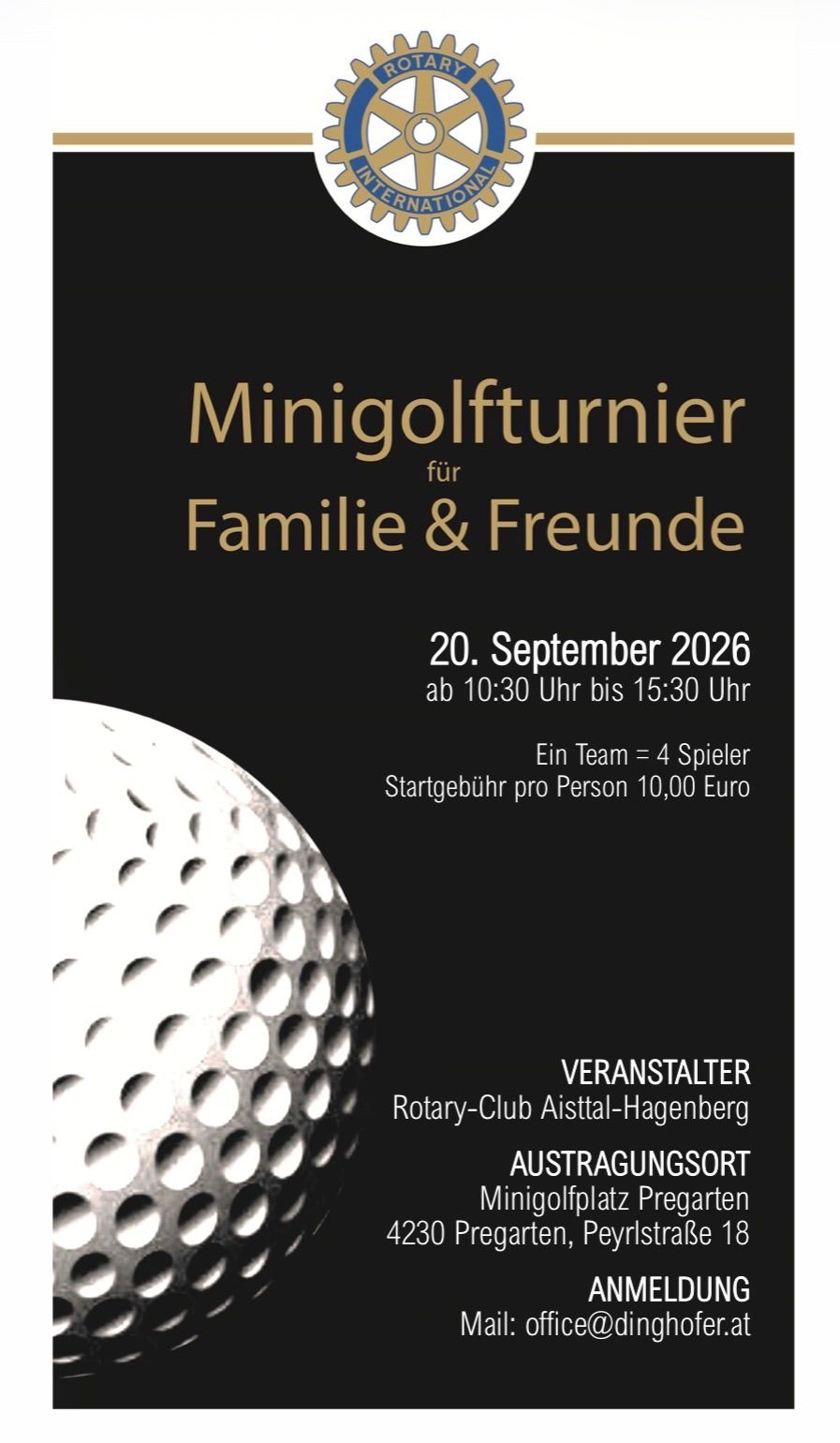 Plakat für ein Minigolf-Turnier für Familie und Freunde am 20. September 2026 von 10:30 Uhr bis 15:30 Uhr. Die Startgebühr beträgt 10 Euro pro Person. Veranstaltet vom Rotary-Club Aisttal-Hagenberg.