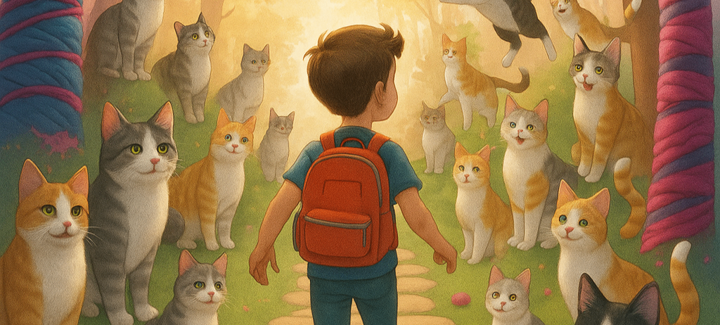 Ein Junge mit einem Rucksack geht durch ein Feld von Katzen, einige sitzen und andere springen herum. Die Umgebung ist eine helle, farbenfrohe Außenumgebung.