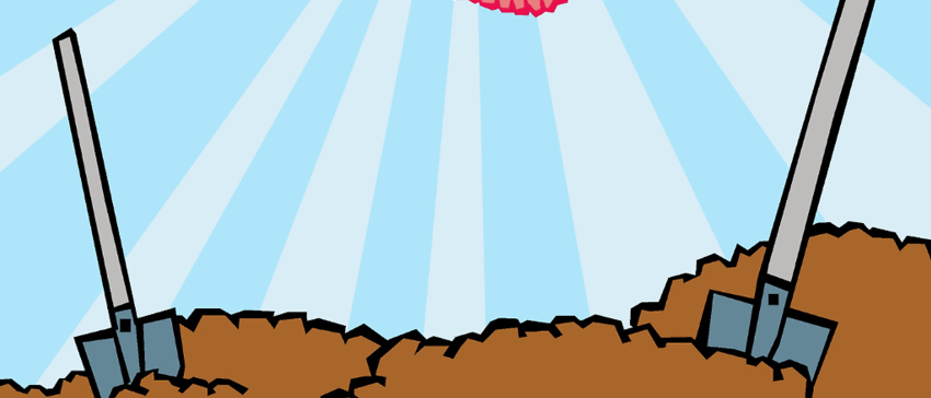 Eine rosa Taube mit einem Heiligenschein schwebt über einer Discokugel, während zwei Schaufeln im Boden darunter vergraben sind.