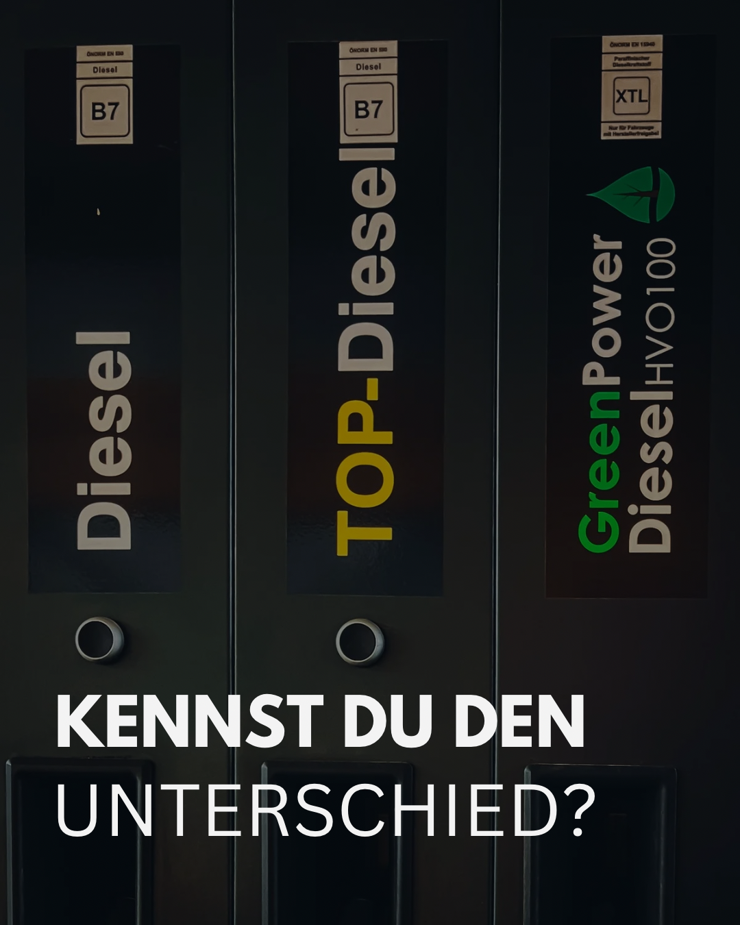 Ein Schild zeigt 'Diesel', 'TOP-Diesel' und 'GreenPower DieselHVO100'. Darunter steht die Frage 'KENNST DU DEN UNTERSCHIED?'.