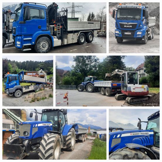 Eine Collage aus sechs Bildern von blauen Lastwagen und Maschinen. Oben links ein MAN-Lkw. Oben rechts ein MAN-Lkw mit Logo. Unten ein Kipplaster, ein Traktor, ein Baufahrzeug und ein Sattelauflieger. Unten links ein Traktor mit Anhänger und unten rechts ein Traktor mit Frontlader.