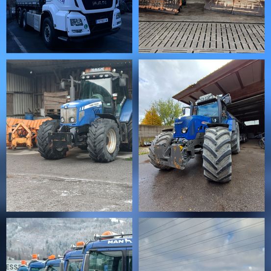 Verschiedene Maschinenfahrzeuge abgebildet. Oben links: weißer Lkw. Oben rechts: zwei große Bulldozer. Mitte links: blauer Traktor in einer Scheune. Mitte rechts: blauer Traktor auf der Straße. Unten links: mehrere blaue Fahrzeuge. Unten rechts: Stromleitungen.