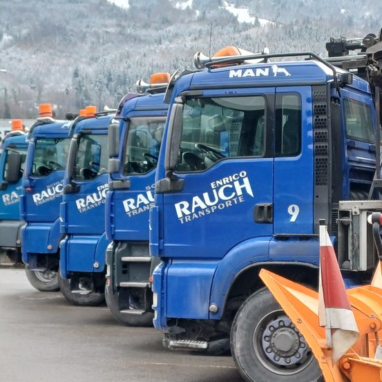 Eine Reihe blauer Lkws mit der Aufschrift 'Enrico Rauch Transport' steht auf einer Straße, möglicherweise in einem verschneiten Gebirgsgebiet.