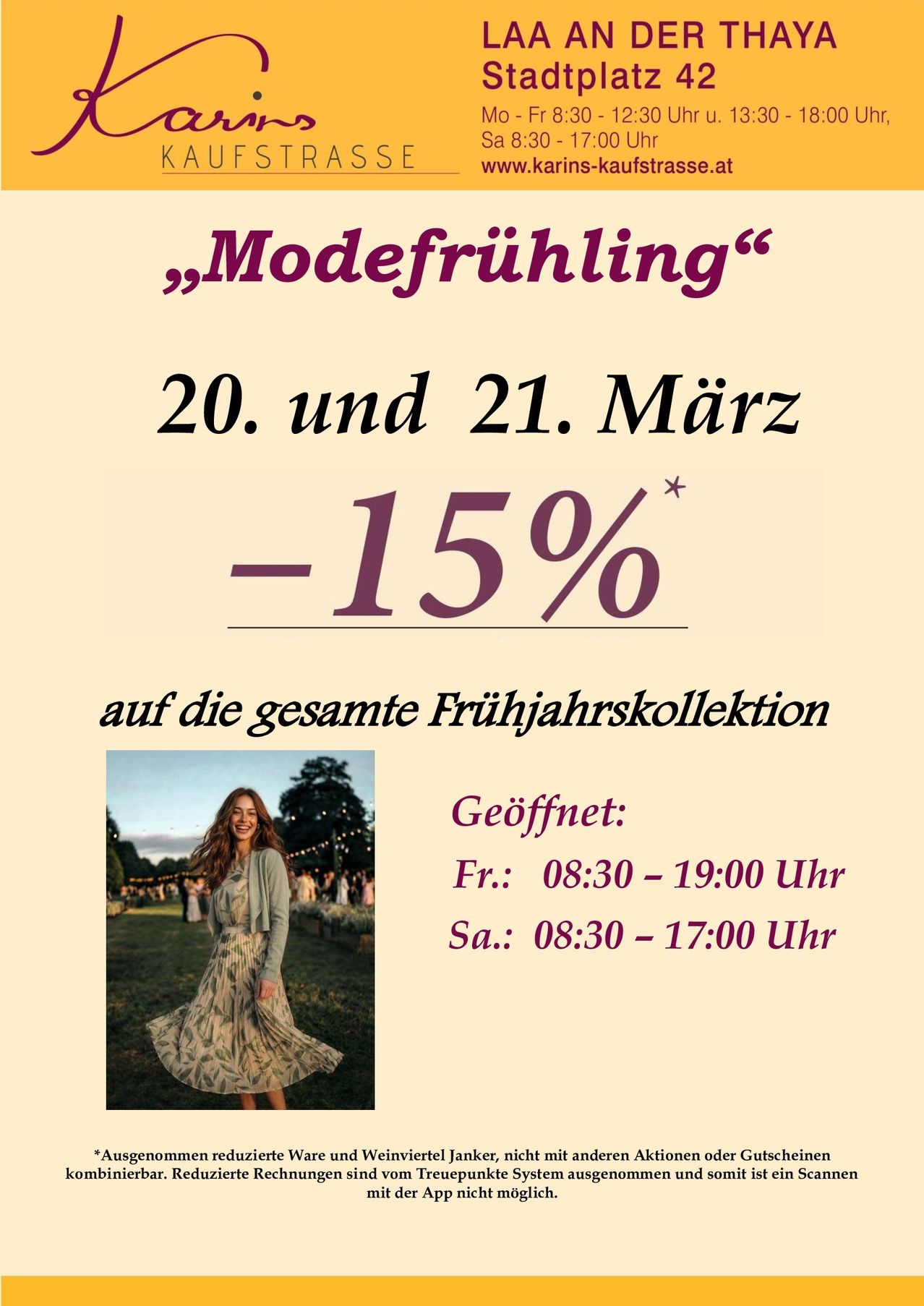 Eine Werbung für eine Frühlingsmodenschau mit einem 15% Rabatt auf die gesamte Frühjahrskollektion. Das Event ist freitags von 8:30 bis 19:00 Uhr und samstags von 8:30 bis 17:00 Uhr geöffnet.