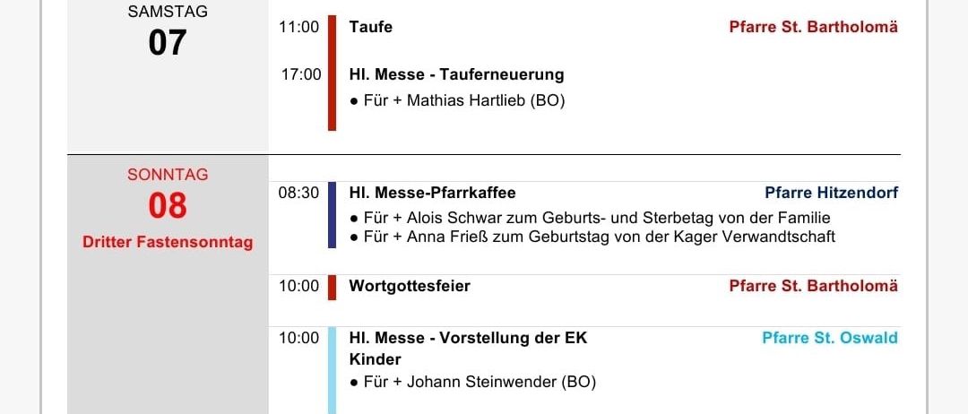 Wöchentlicher Zeitplan für Messen und Veranstaltungen in drei Kirchen. Die Daten reichen von 22.02. bis 07.03.2026. Veranstaltungen umfassen Sonntagsmessen, Taufen und andere religiöse Dienste.