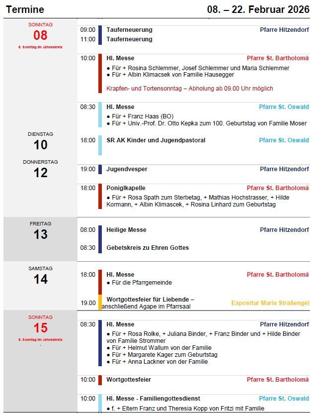 Der wöchentliche Zeitplan umfasst verschiedene Messen und Veranstaltungen zu unterschiedlichen Zeiten. Die Sonntagsmesse ist bestimmten Familien gewidmet. Andere Veranstaltungen beinhalten ein Jugendgruppentreffen, Gebetskreise und Wortfeiern. Der Zeitplan beinhaltet auch spezielle Gebete für Einzelpersonen und Familien.