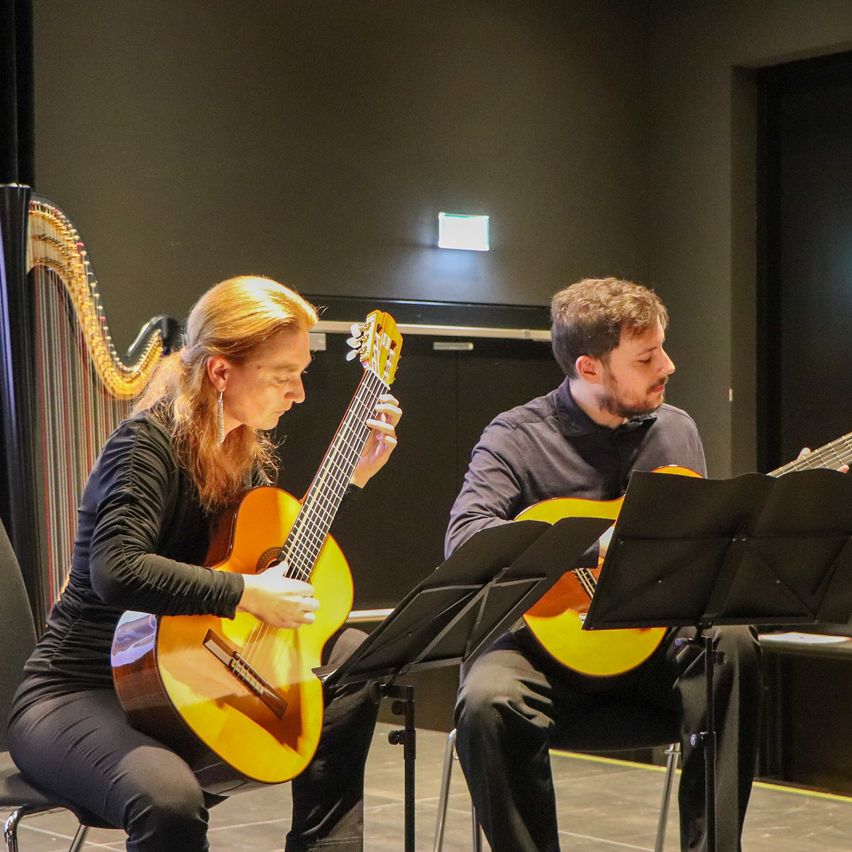 Bild enthält, Guitar, Adult, Male, Man, Person, Female, Woman, Guitarist, Performer, Chair