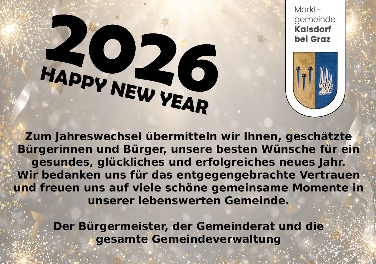 Postkarte für das neue Jahr 2026 mit den Worten Happy New Year und dem Stadtwappen von Kalsdorf bei Graz. Sie wünscht Glück und Erfolg für das neue Jahr.