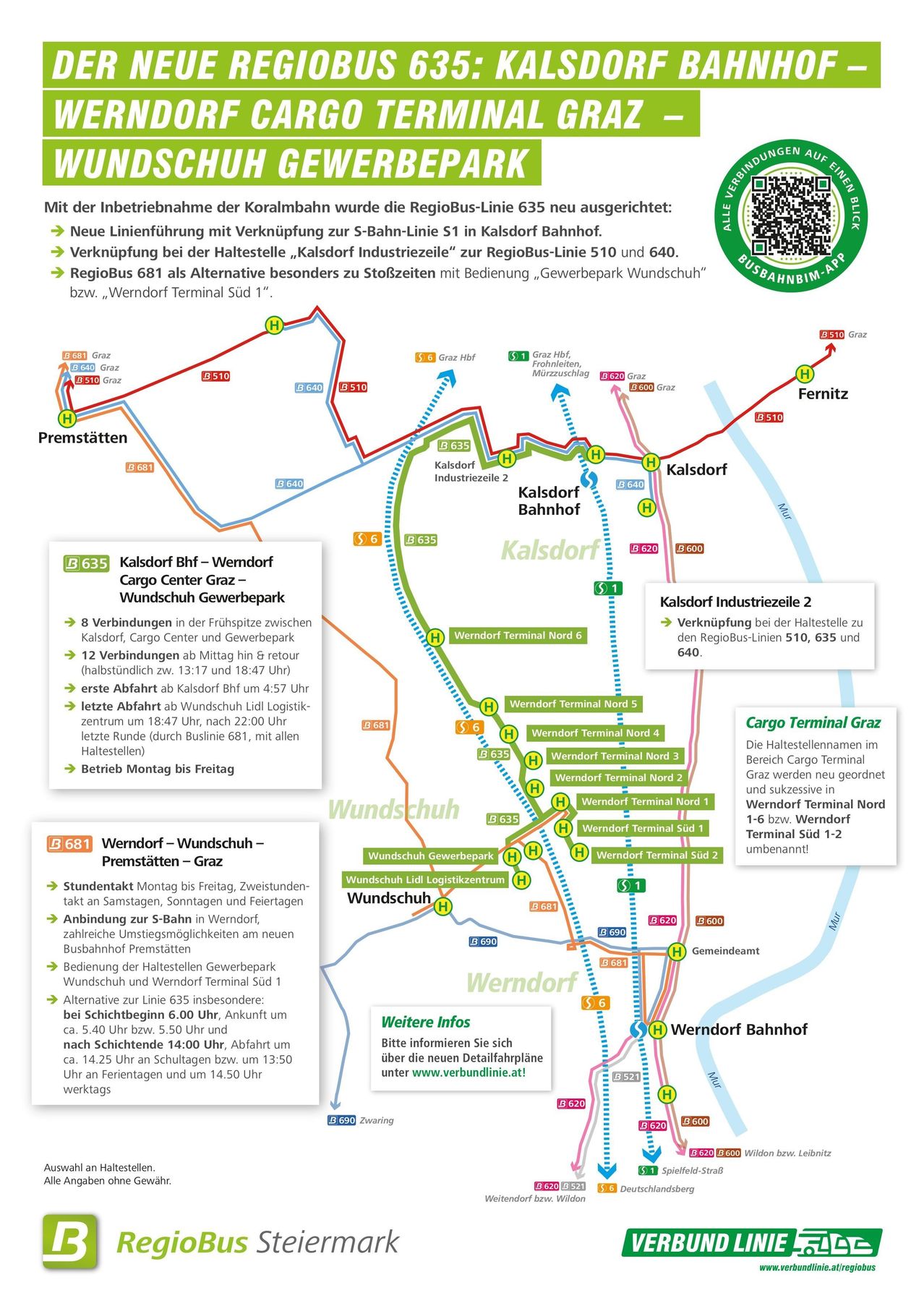 Die neue Koralmbahn-Route beinhaltet die RegioBus-Linie 635, die an der S-Bahn-Linie S1 in Kalsdorf Bahnhof anschließt. Die Haltestelle Kalsdorf Industriezeile verbindet mit den RegioBus-Linien 510 und 640. Werndorf Terminal Süd 1 wird von RegioBus bedient.