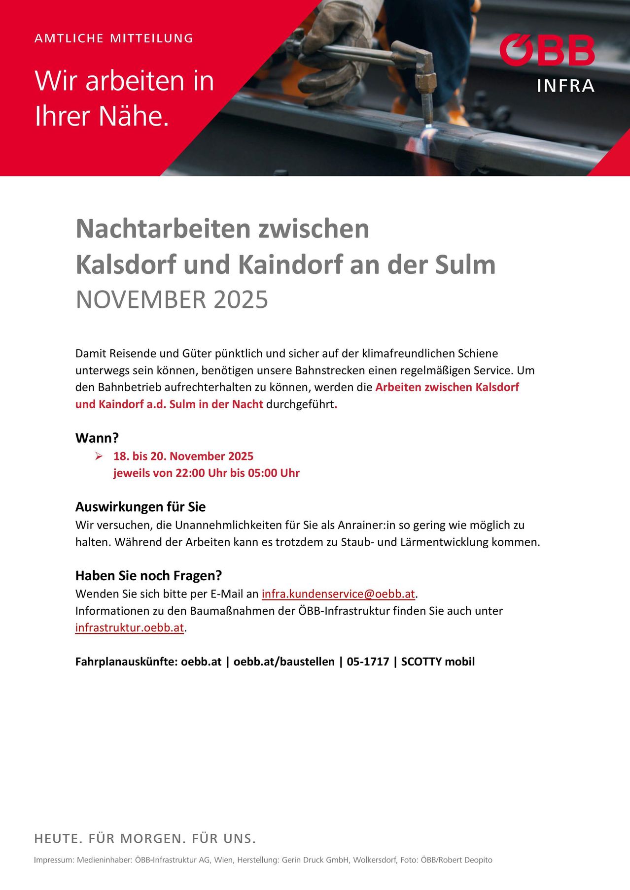 Nacharbeiten zwischen Kalsdorf und Kaindorf an der Sulm im November 2025. Reisende und Güter werden pünktlich und sicher unterwegs sein. Informationen und Anfragen an infra.kundenservice@oebb.at.