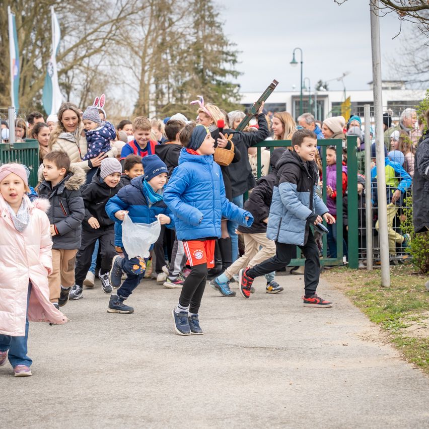 A group of children, wearing winter clothes, run towards an Easter event. Some are holding plastic bags, while others are carrying baskets. The pathway is surrounded by green fences. In the background, there are trees and a building.