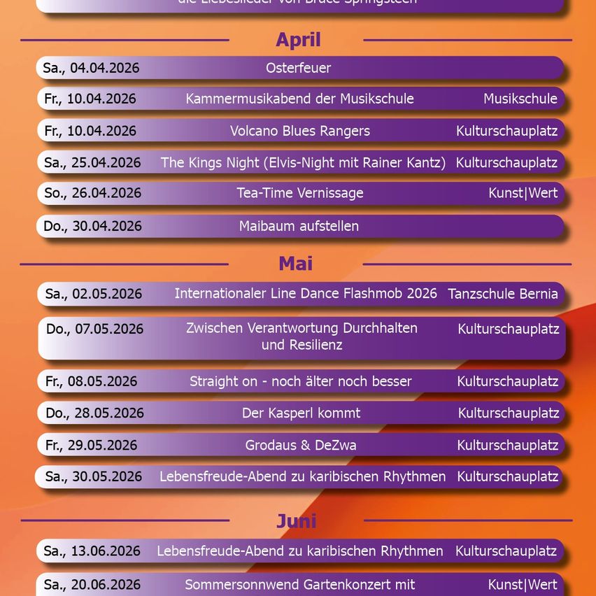 The image shows an event schedule for April, May, and June 2026. It includes dates and event descriptions such as 'Osterfeuer' on April 4th, 'Maibaum aufstellen' on April 30th, and 'Lebensfreude-Abend zu karibischen Rhythmen' on May 30th.