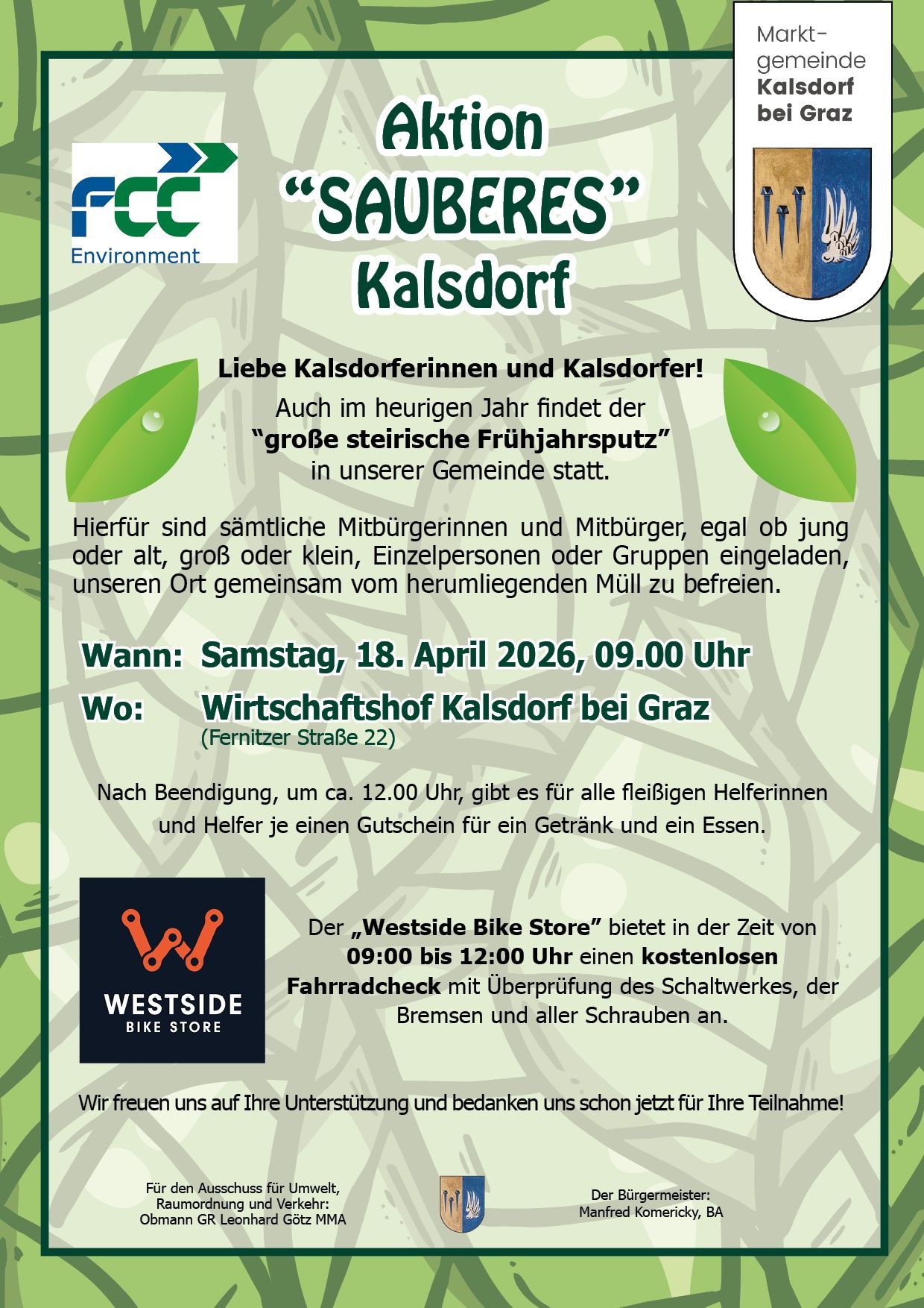 Poster announces a community spring cleanup in Kalsdorf, inviting all residents to join on April 18, 2026. Westside Bike Store offers a free bike check from 9:00 AM to 12:00 PM.