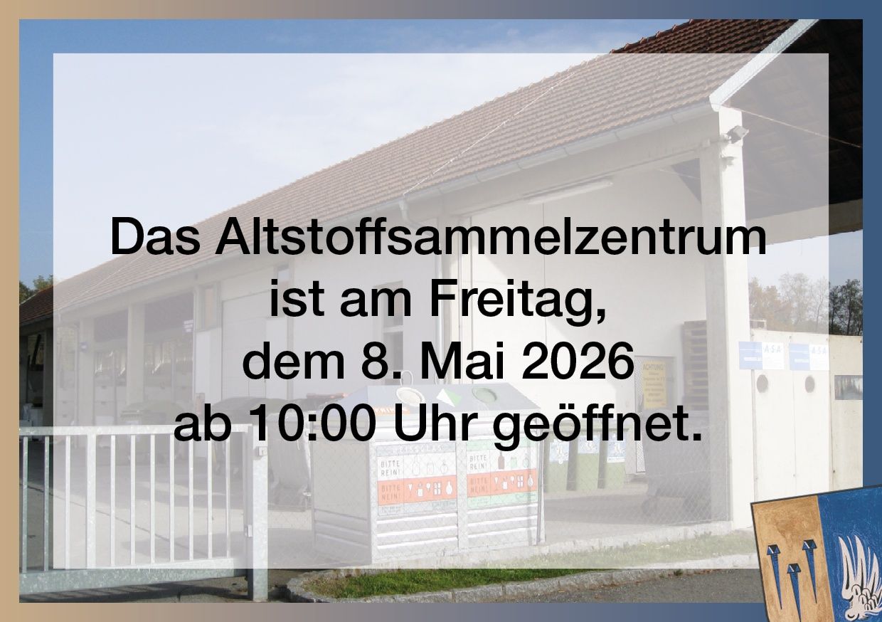 The waste collection center will open on Friday, May 8, 2026, at 10:00 AM. The building has a brown roof and white walls. There is a white gate and a trash bin.