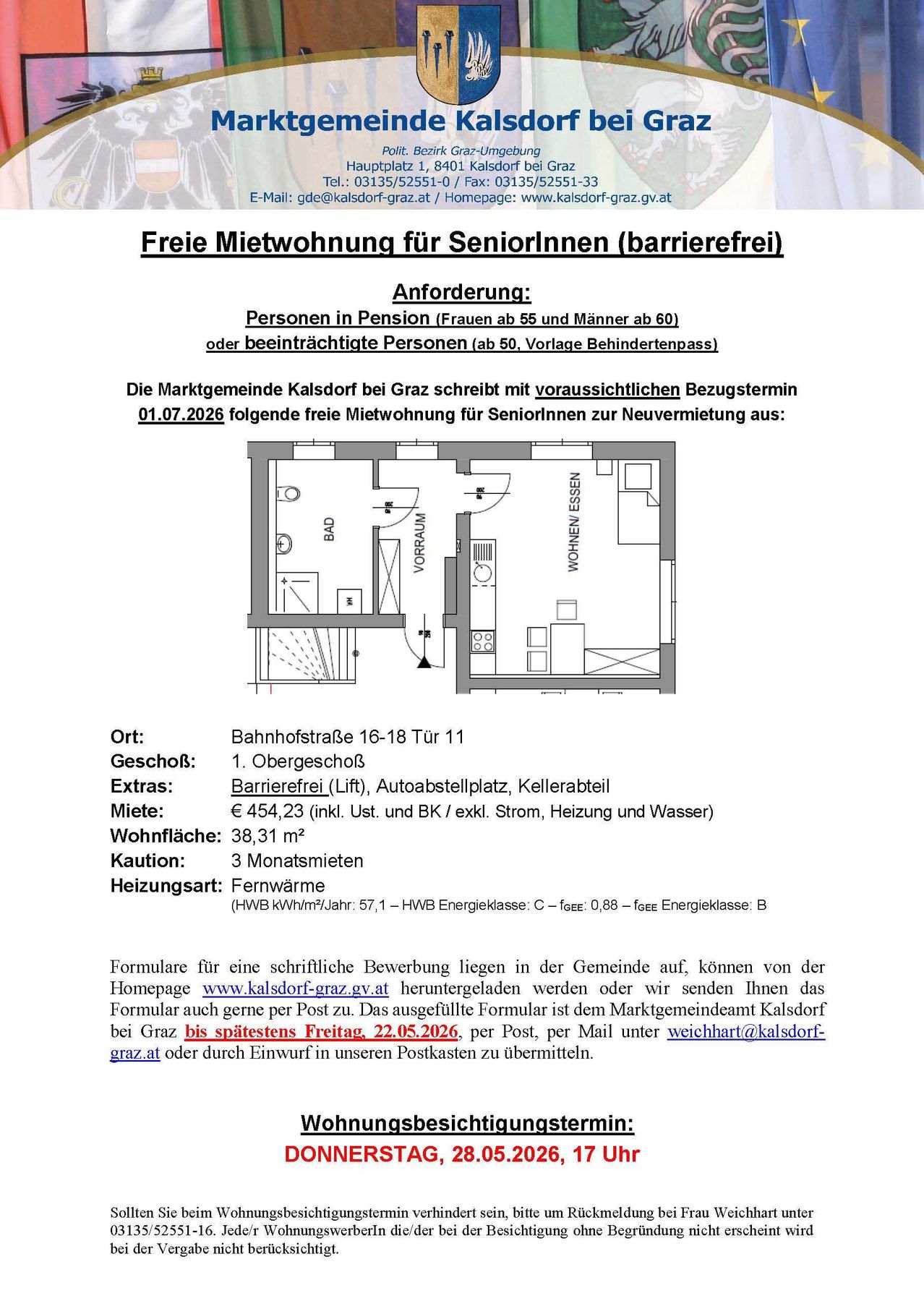 Free apartment for senior women (barrier-free) at Bahnhofstraße 16-18, door 11, 1st floor. Rent: €454.23 (incl. tax and BK excl. utilities, heating, water). Living area: 38.31 m2. Application deadline: Fri, 22.05.2026.