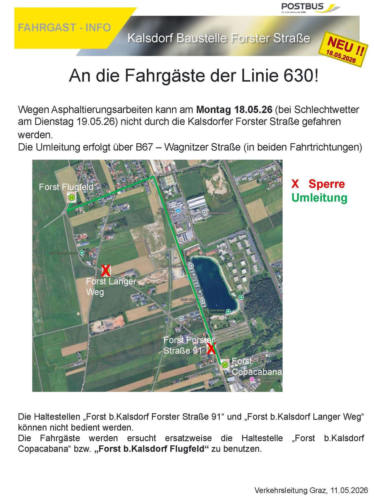 Due to roadwork on May 18th and 19th, line 630 cannot pass Kalsdorfer Forster Street. A detour is available via B67-Wagnitzer Street. The map shows the rerouted path.