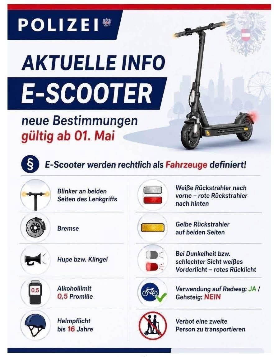 Ein Informationsgrafik über die neuen Vorschriften für E-Scooter ab 1. Mai. Es zeigt Bilder eines E-Scooters und verschiedene Sicherheitsvorschriften wie Blinker, Bremsen und Alkoholgrenze.