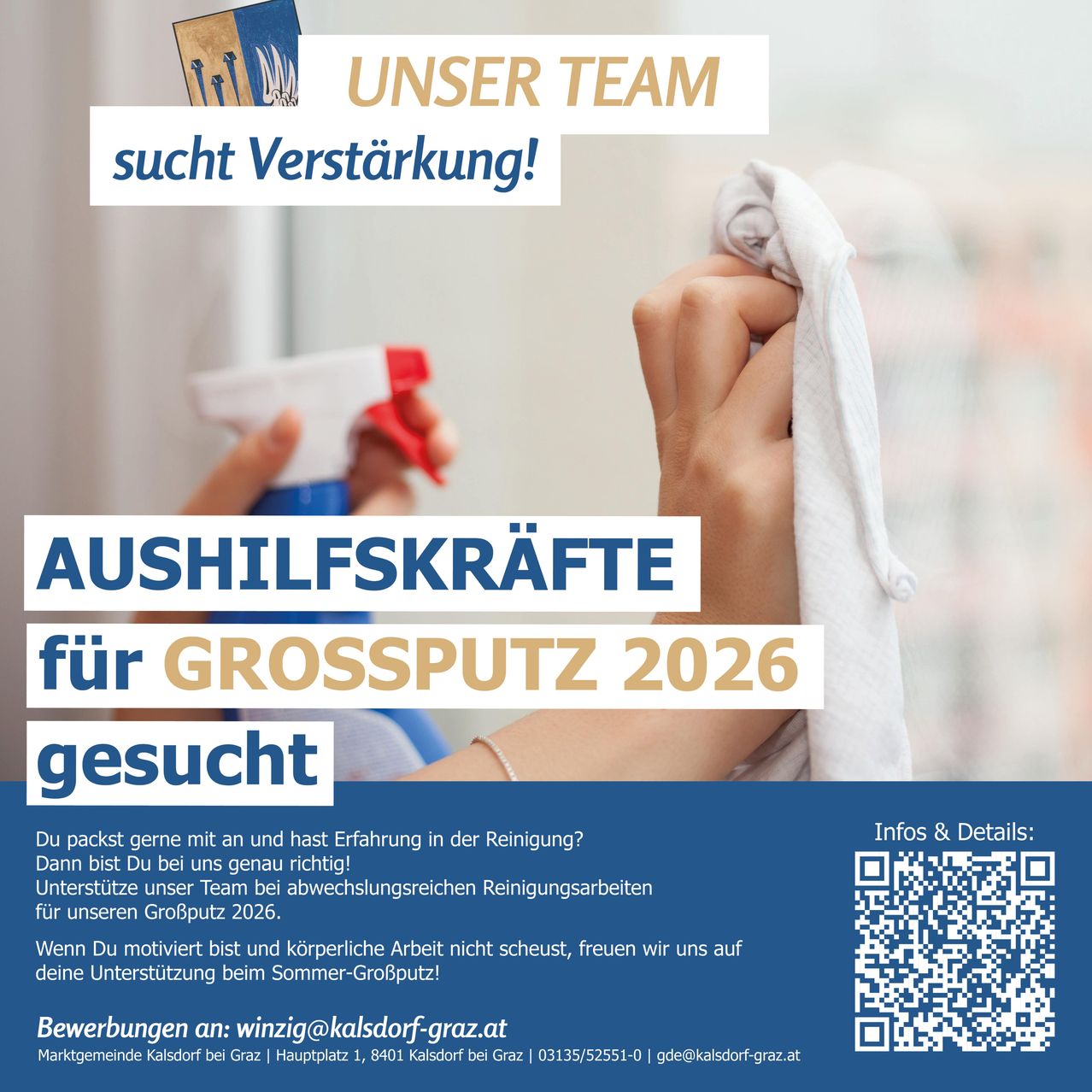 Ein Werbeplakat zur Rekrutierung von Reinigungskräften. Es zeigt eine Hand, die ein Fenster reinigt, und sucht Freiwillige für den Sommer. Kontaktdetails werden bereitgestellt.