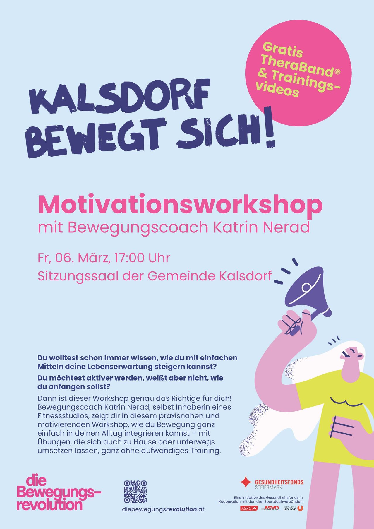 A poster for a motivational workshop in Kalsdorf with movement coach Katrin Nerad on Friday, March 6th, 17:00. It offers practical exercises to integrate movement into daily life.