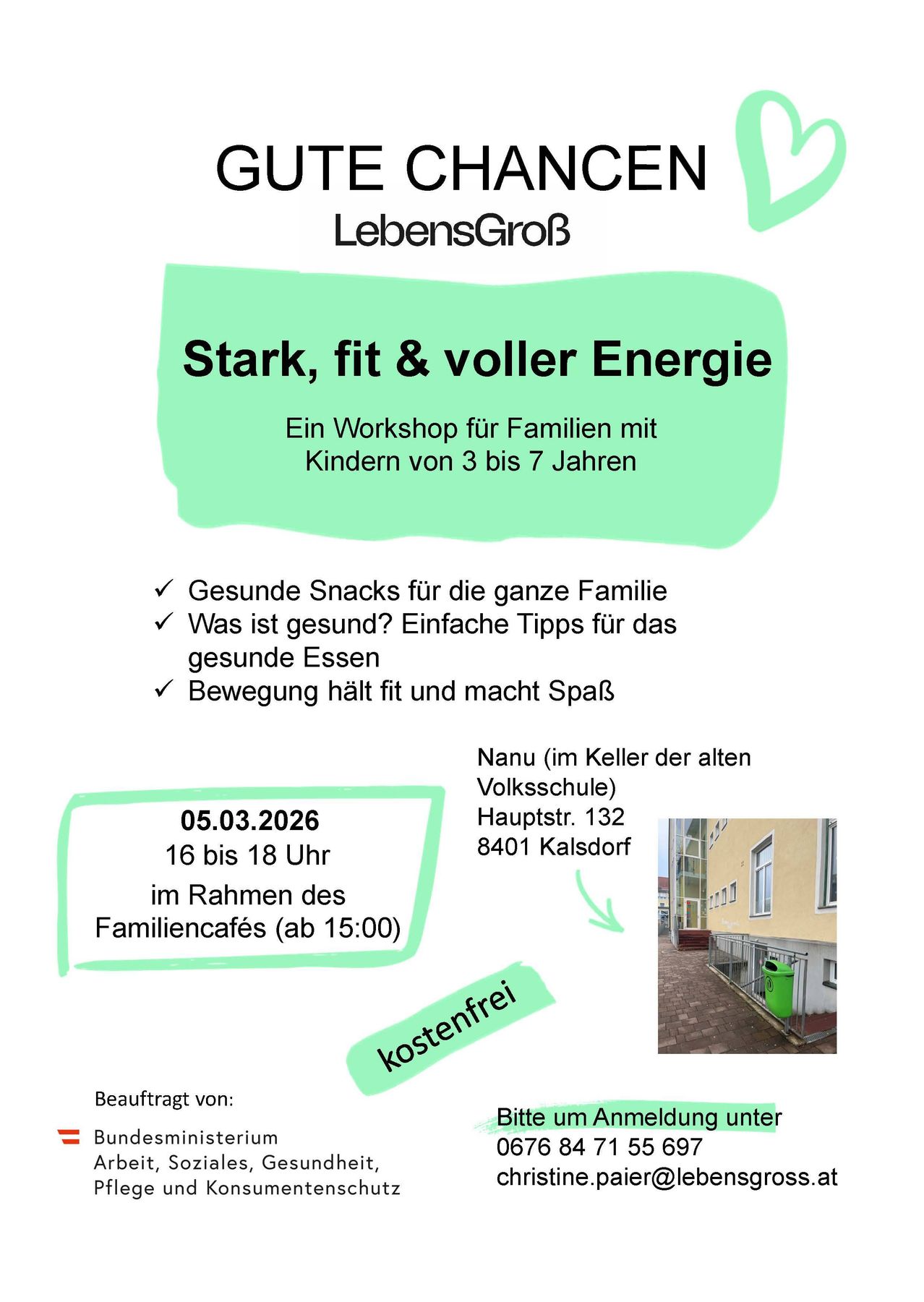 Plakat für ein Familienworkshop über gesunde Snacks, Ernährungstipps und Bewegung. Es findet am 05.03.2026 von 16 bis 18 Uhr in Nanu, Kalsdorf, statt.