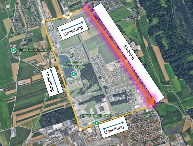 Eine Karte, die eine Route mit mehreren Sehenswürdigkeiten zeigt. Sie beginnt bei ESV Forst Thalerhof, führt durch Copacabana Freizeitanlagen und endet bei Einbahn.