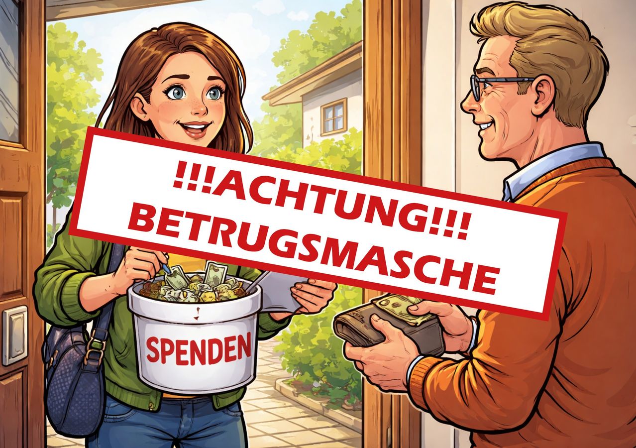 Eine Frau, die einen mit Geld gefüllten Eimer hält, reicht ihn einem Mann an einer Tür. Der Text auf dem Bild sagt Verbringen und Achtung Betrugsmasche.