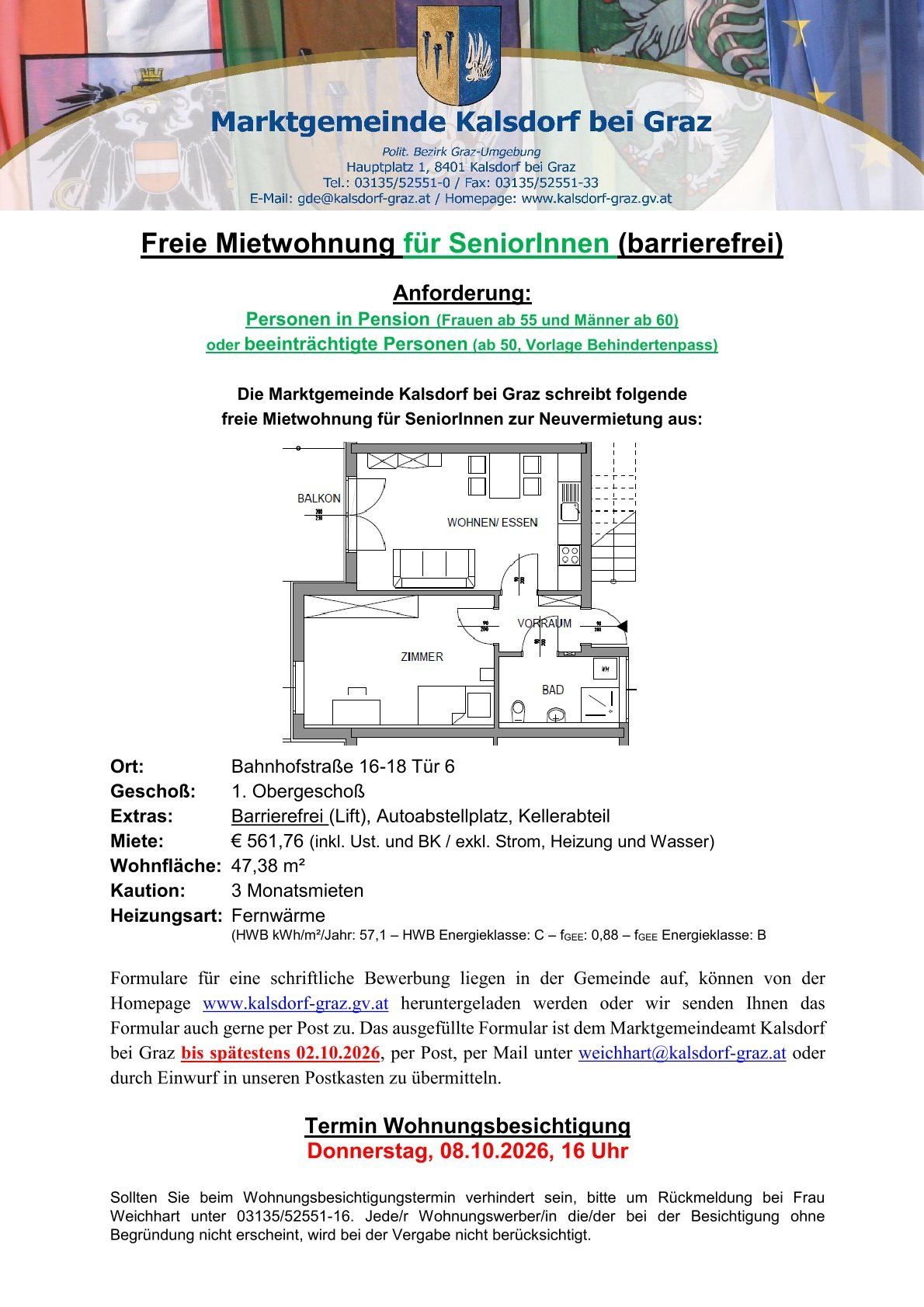 Eine Anzeige für eine barrierefreie Wohnung für ältere Frauen in Kalsdorf bei Graz, Österreich. Die Wohnung befindet sich in der Bahnhofstraße 16-18, Tür 6, und verfügt über einen Aufzug, einen Parkplatz und einen Keller. Sie kostet 561,76 Euro, ohne Nebenkosten, Heizung und Wasser. Die Wohnung hat eine Wohnfläche von 47,38 Quadratmetern, mit einer monatlichen Miete von 3. Die Heizart ist Zentralheizung, und die Energieeffizienzklasse ist C. Die Bewerbungsfrist ist der 2. Oktober 2026.