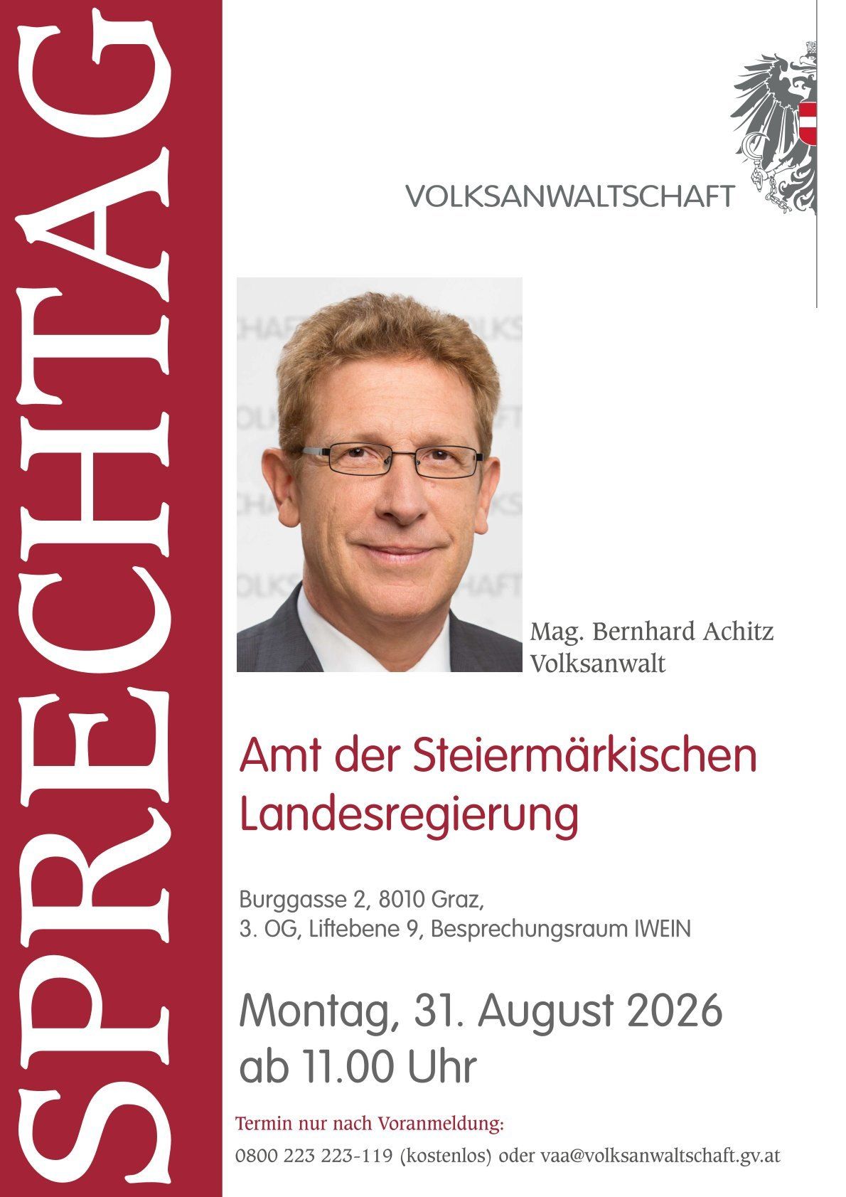 Ein offizielles Plakat mit einem Mann in Anzug und Brille, betitelt 'Amt der Steiermärkischen Landesregierung'. Das Datum '31. August 2026' ist prominent angezeigt.