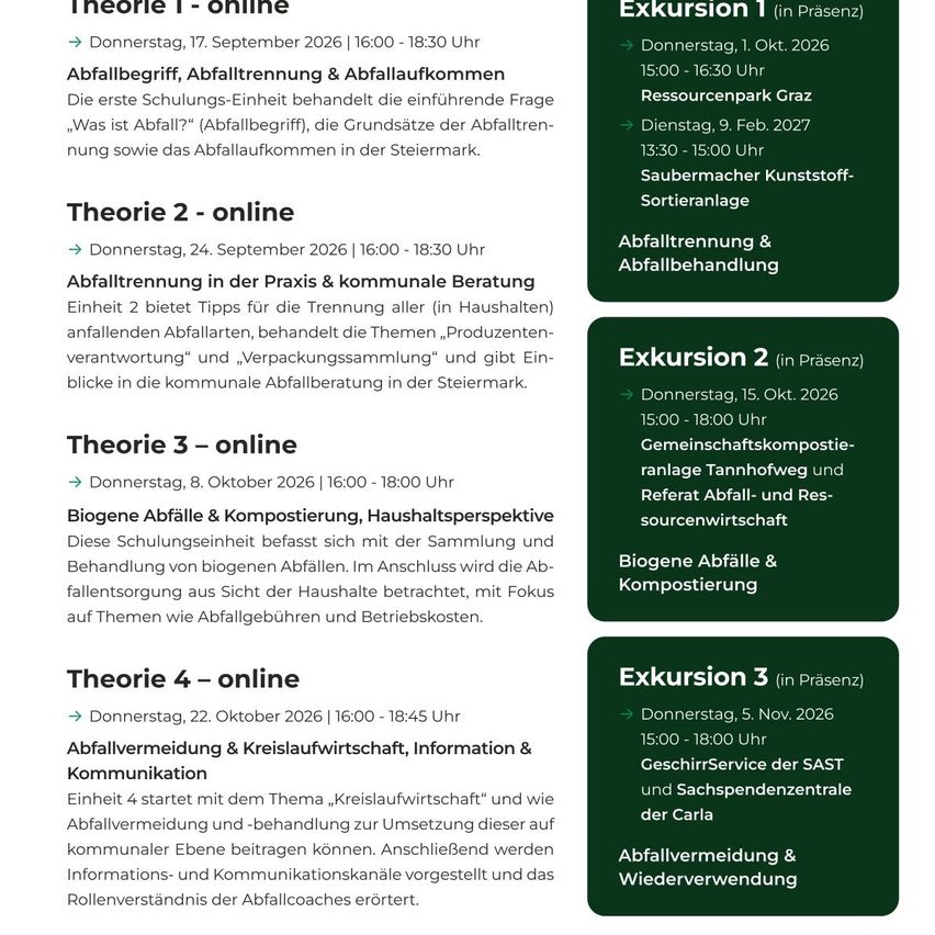 Ein Flyer mit vier Abschnitten mit den Titeln 'Theorie 1 - online', 'Theorie 2 - online', 'Theorie 3 - online' und 'Theorie 4 - online', jeweils mit Datum, Uhrzeit und kurzer Beschreibung. Die Abschnitte werden von drei 'Exkursion'-Abschnitten mit ähnlichen Details begleitet. Der Flyer ist grün und weiß mit einem strukturierten Layout.