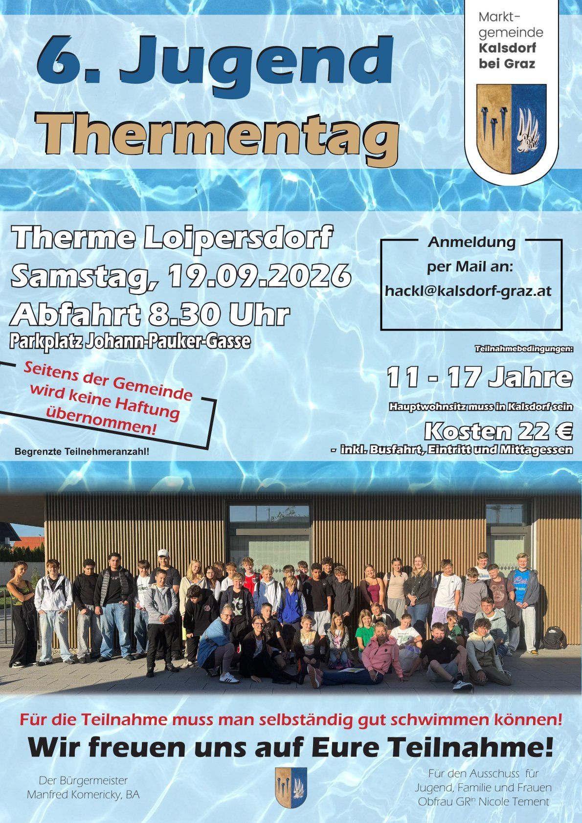A flyer for a themed event in Loipersdorf on September 19, 2026. It includes details about the departure time, location, and costs. A group of people is pictured in front of a building.