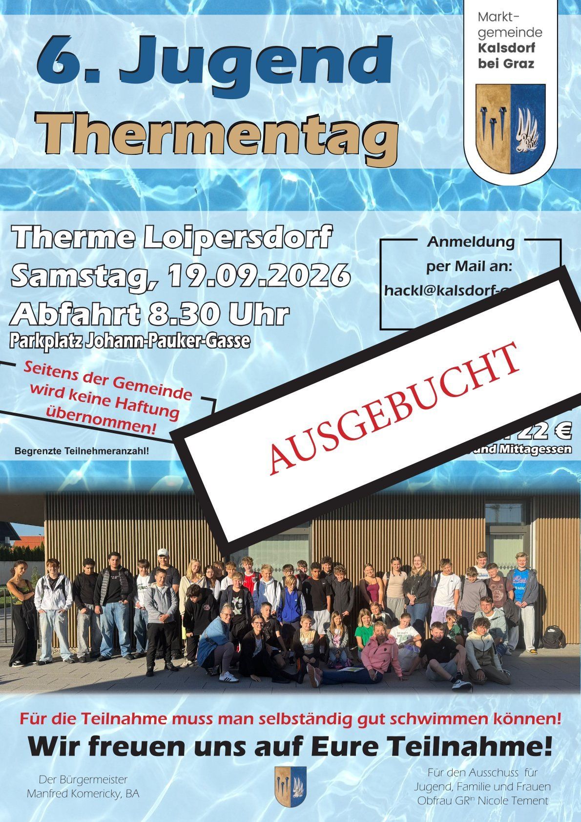 A flyer for a community event called Thementag in Loipersdorf on Saturday, September 19, 2026, with a group of people standing in front of a building.