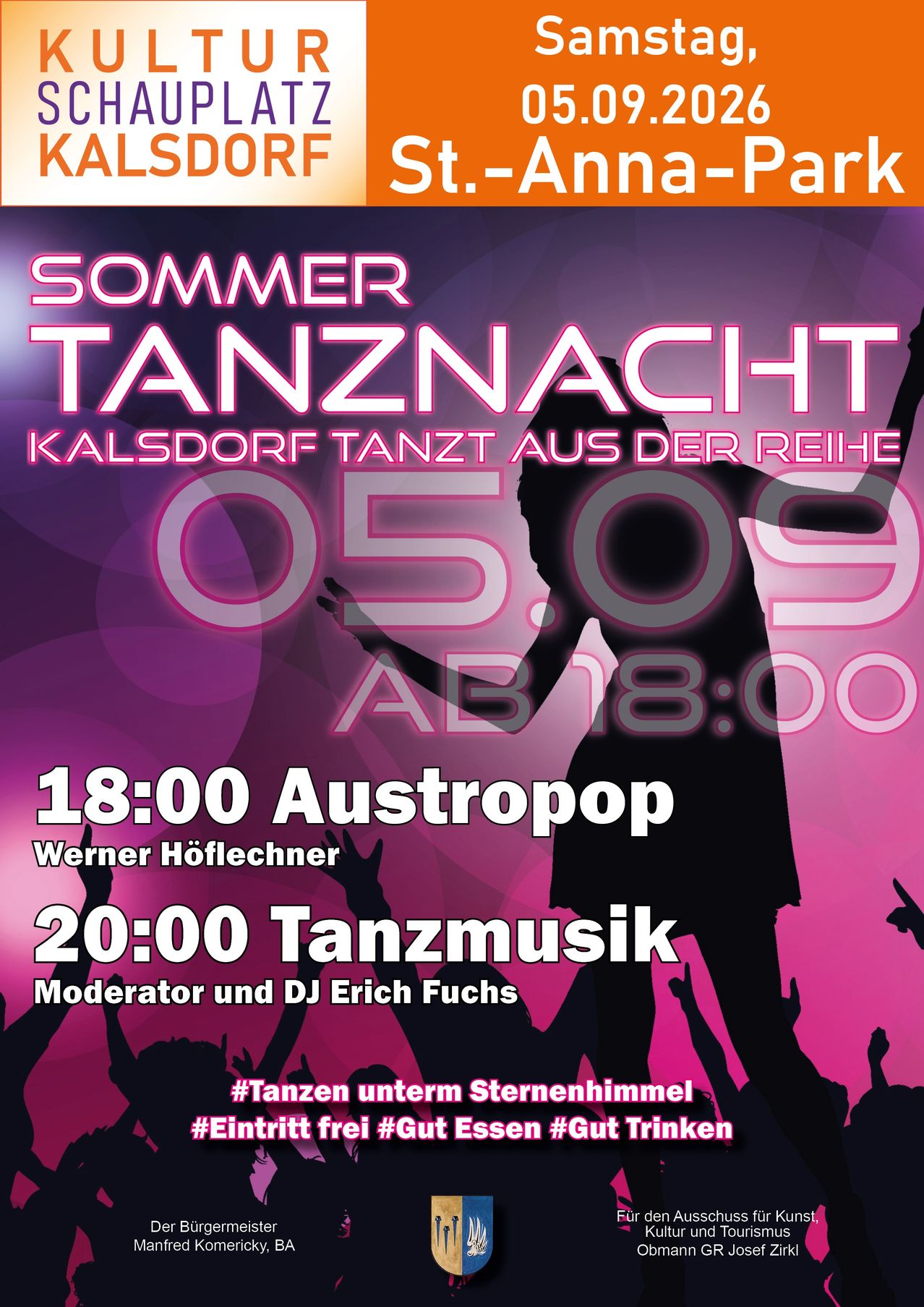 Poster for a summer dance night event in Kalsdorf, featuring a silhouette of a dancing figure against a purple background. The event includes Austropop music at 18:00 and Tanzmusik at 20:00.