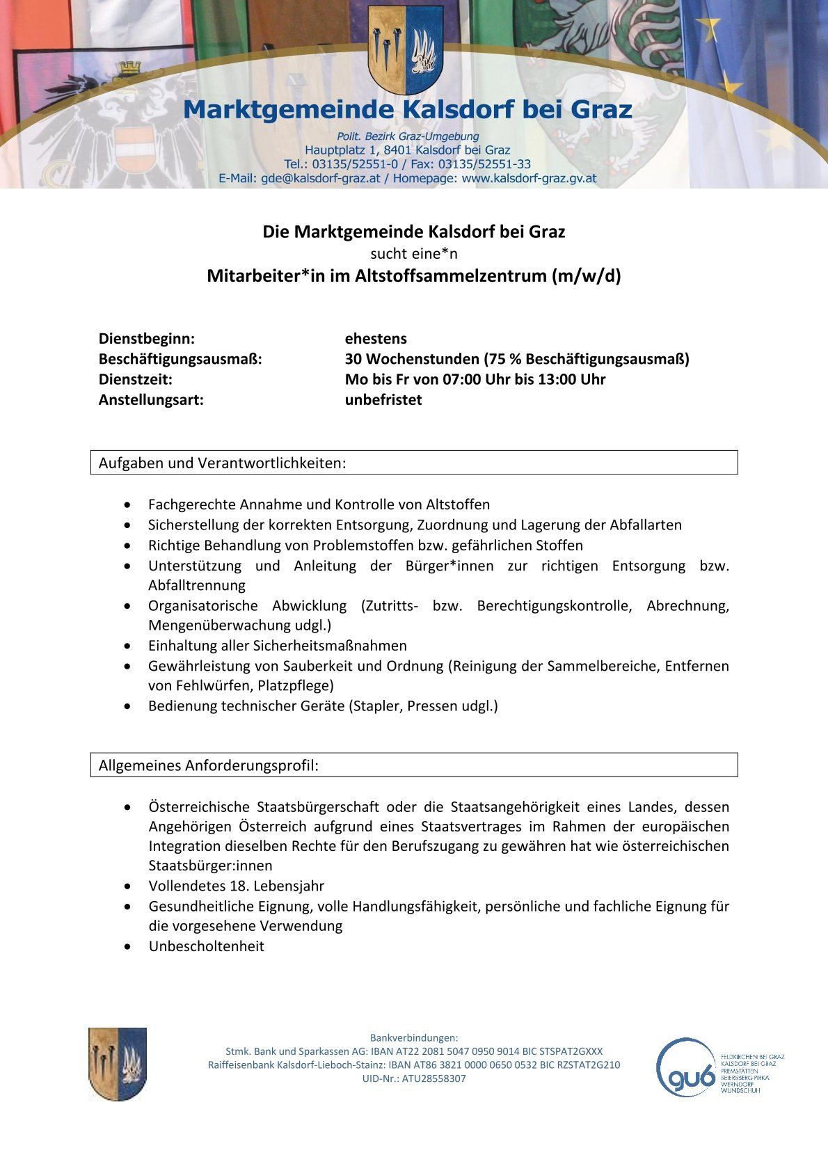 A job posting for a part-time employee at the Kalsdorf senior center, detailing job responsibilities, work hours, and qualifications.