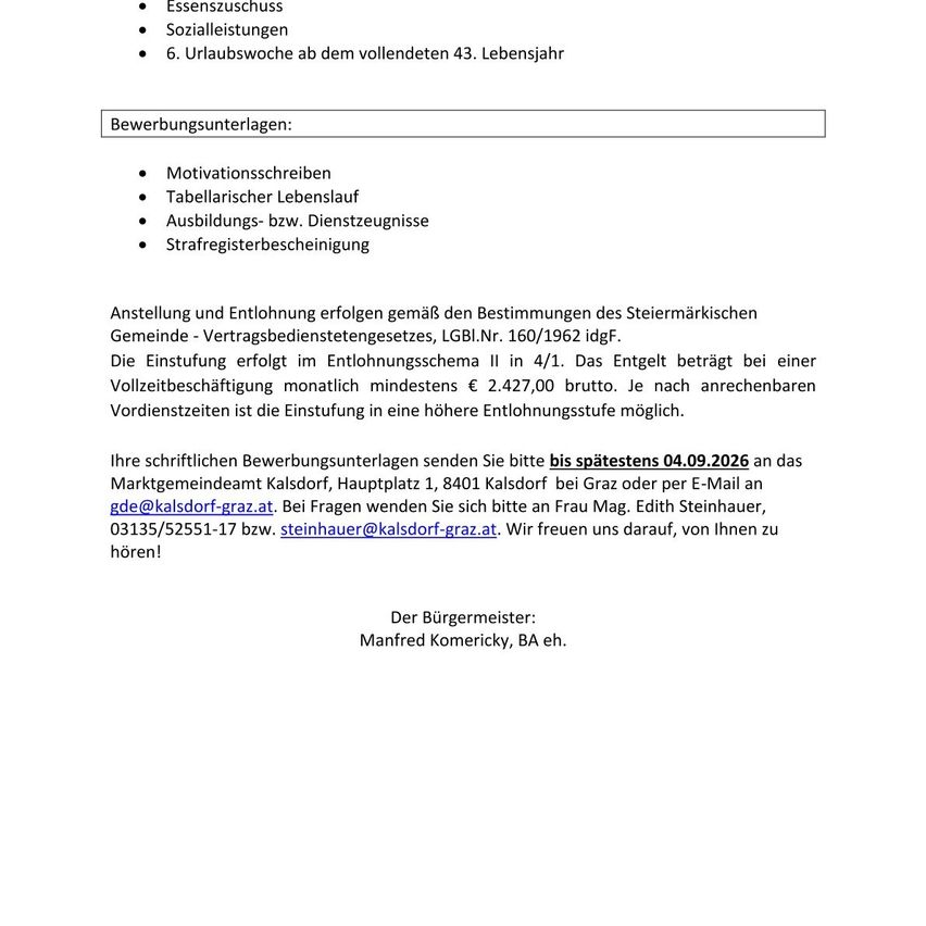 A job application form in German includes sections for motivation letter, tabular curriculum vitae, apprenticeship or service record, and vehicle registration certificate. The position is paid according to the provisions of the Styrian Community - Contractual Services Act, LGBl.Nr. 160/1962. The position is in pay scale II in 4/1. The monthly salary is at least €2,427.00 gross. The position can be adjusted based on previous earnings. The application deadline is September 4, 2026. The application should be sent to the Market Community Kalsdorf.