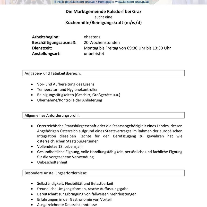 A job advertisement for a kitchen helper/cleaning staff in Kalsdorf bei Graz, Austria. The job requires 20 weekly hours, full-time from Monday to Friday, and includes tasks such as food preparation, temperature and hygiene checks, and equipment cleaning.