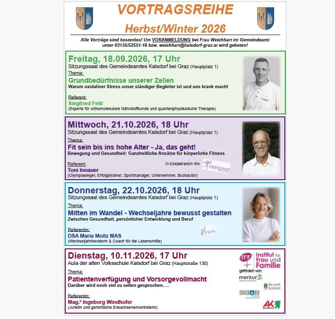 A poster advertising a series of lectures in Kalsdorf, Austria, for autumn and winter 2026. The lectures cover topics such as oxidative stress, physical fitness, health transitions, and patient care. Each lecture is scheduled for a specific date and time and features a speaker. The poster includes contact information for more details.