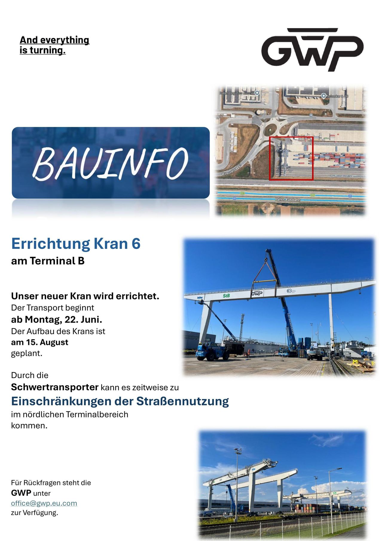 Ein Bauinfo-Poster über die Errichtung eines Krans am Terminal B. Der Transport beginnt am Montag, 22. Juni, und der Aufbau des Krans ist für den 15. August geplant. Es wird auch auf mögliche Einschränkungen der Straßennutzung im nördlichen Terminalbereich hingewiesen.
