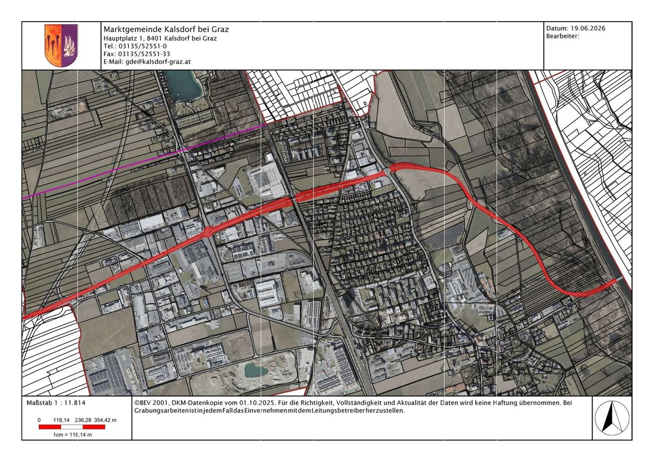 Eine Karte von Kalsdorf bei Graz zeigt Straßen in Rot markiert. Informationen oben links geben den Standort und Kontaktdaten von Marktgemeinde Kalsdorf bei Graz an.
