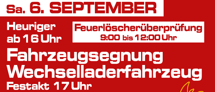 Plakat für Kobersdorf-Veranstaltung vom 5. bis 7. September. Freitag mit Blaulicht-Party ab 17 Uhr. Samstag mit Feuerlöscherüberprüfung von 9 bis 12 Uhr und Fahrzeugsegnung um 17 Uhr. Sonntag mit Frühshoppen ab 10:30 Uhr.