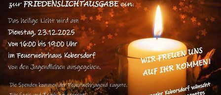 Eine Kerze brennt einladend bei der Feuerwehrjugend Kobernsdorf und heißt Sie und Ihre Familie herzlich willkommen. Ein Abend des friedlichen Feierns wird angeboten. Das Licht leuchtet am 23.12.2025 von 18:00 bis 19:00 Uhr. Genießen Sie Wärme und Getränke.