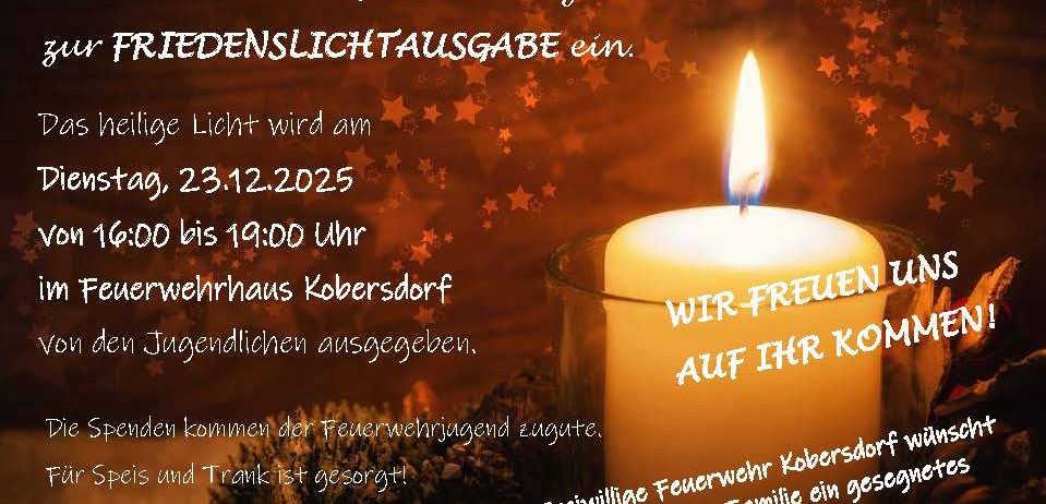 Eine Kerze brennt einladend bei der Feuerwehrjugend Kobernsdorf und heißt Sie und Ihre Familie herzlich willkommen. Ein Abend des friedlichen Feierns wird angeboten. Das Licht leuchtet am 23.12.2025 von 18:00 bis 19:00 Uhr. Genießen Sie Wärme und Getränke.