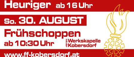 Plakat für Veranstaltungen in Robersdorf. Freitag, 28. August, Heuriger ab 17 Uhr und Blaulicht Party ab 21 Uhr. Samstag, 29. August, Riesenwuzzler-Turnier ab 14 Uhr und Heuriger ab 16 Uhr. Sonntag, 30. August, Fruehschopppen bei Werkskanalle.