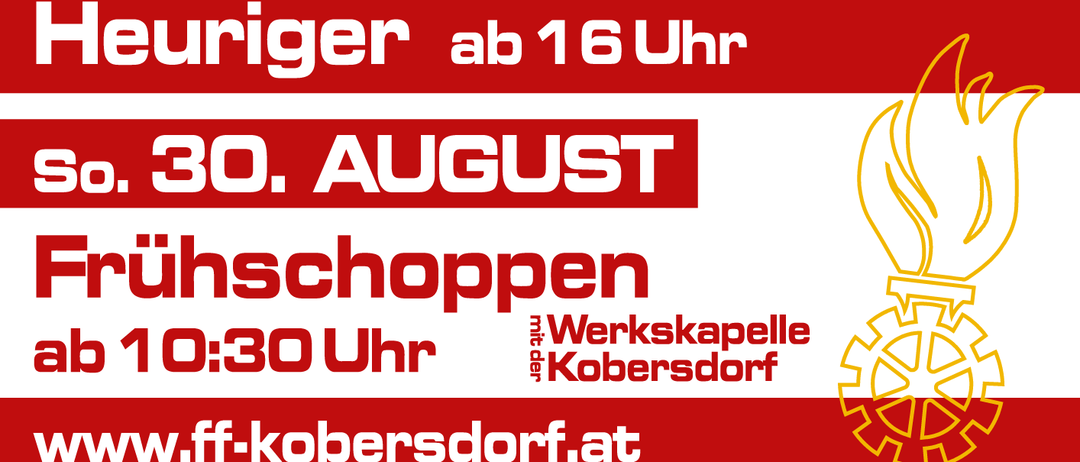 Plakat für Veranstaltungen in Robersdorf. Freitag, 28. August, Heuriger ab 17 Uhr und Blaulicht Party ab 21 Uhr. Samstag, 29. August, Riesenwuzzler-Turnier ab 14 Uhr und Heuriger ab 16 Uhr. Sonntag, 30. August, Fruehschopppen bei Werkskanalle.